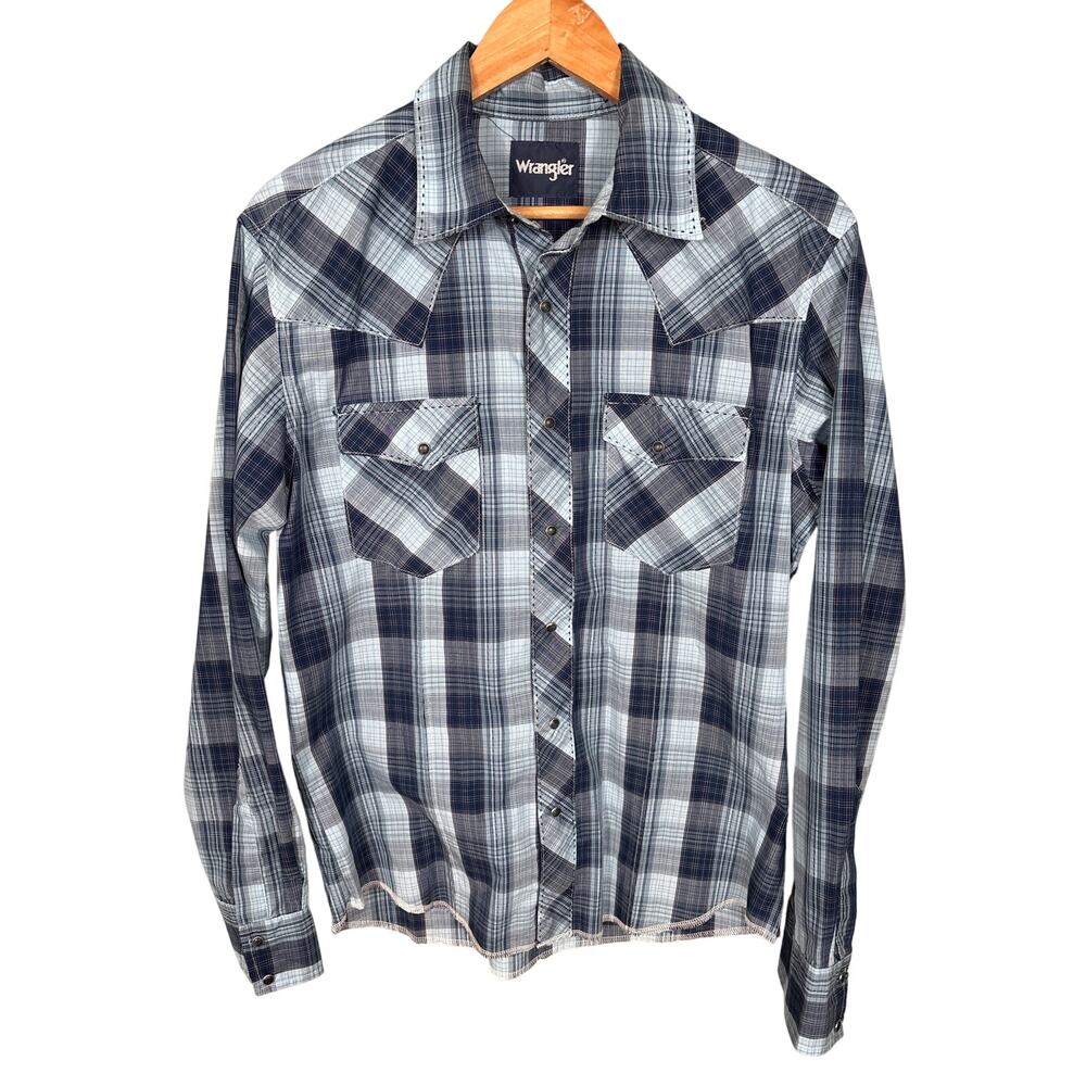 Wrangler Shirt Men's Medium Blue Plaid‎ Pearl Snap Button Long Sleeve Western